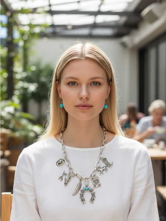 Jewelry - 4/16 Silver Charm Statement Necklace with Turquoise Accents